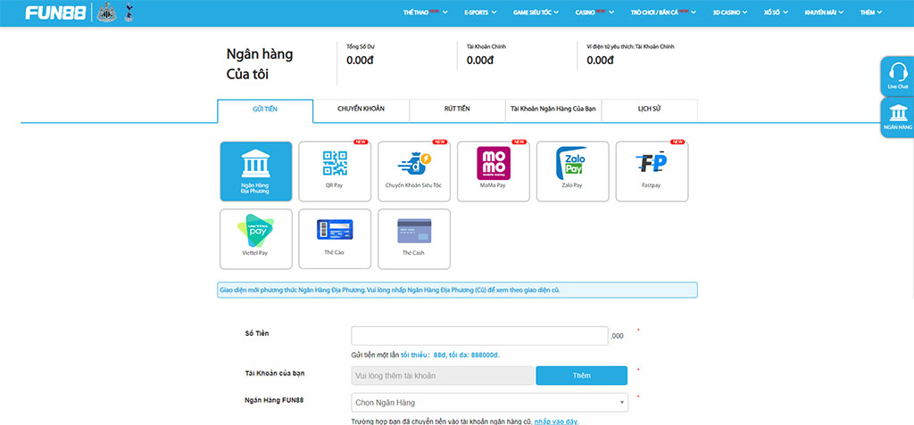Nạp tiền vào Fun88